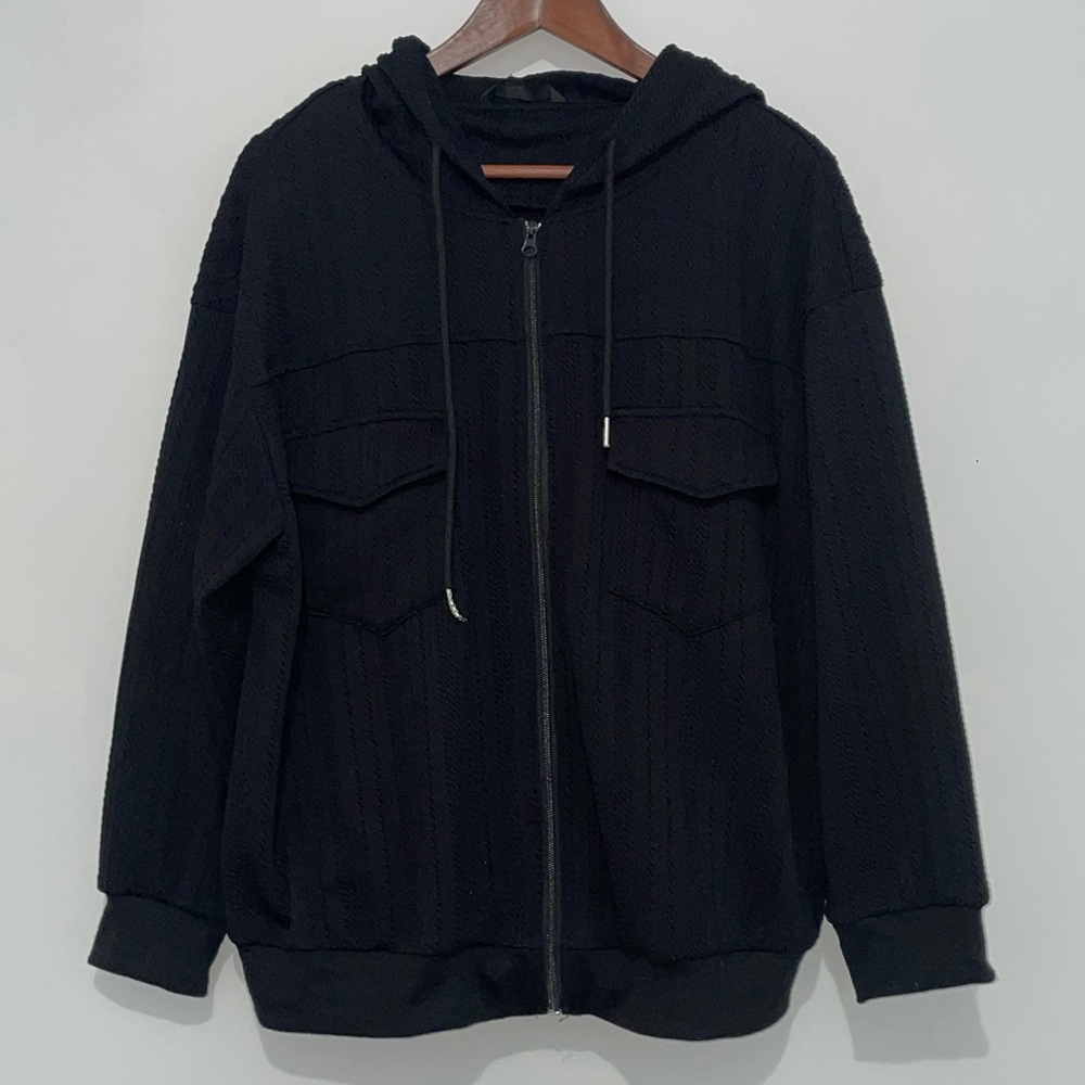 Bloomchic US 14-16 Full Zip Textured Black Hooded Sweater